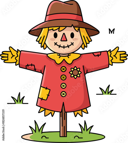 Cute cartoon scarecrow illustration with hat and patchwork clothes standing on a field, autumn harvest farm character artwork for kids and decorations.