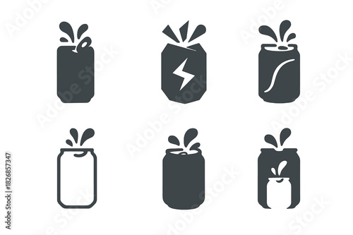 Soda Can Logo Variations. soda can open. Icon set. Set Logo of soda can open: can with splash. harmonious logo variations of the same emblematic concept, each