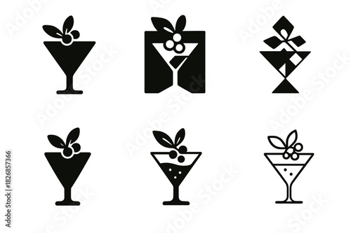 Festive Cocktail Logos. Holiday cocktail ideas for Christmas and New Year. Icon set. Set Logo of holiday cocktail ideas for Christmas and New Year: holiday