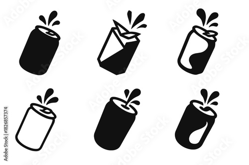 Soda Can Logo Variations. soda can open. Icon set. Set Logo of soda can open: can with splash. harmonious logo variations of the same emblematic concept, each