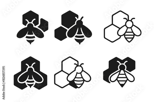Pollinator Protection Logos. Protecting pollinators. Icon set. Set Logo of protecting pollinators: Bee and honeycomb. harmonious logo variations of the same