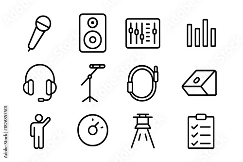 Soundcheck Icon Set. Performance soundcheck. Line icon set of performance soundcheck: microphone, speaker, soundboard, equalizer, headset, stand, cable,