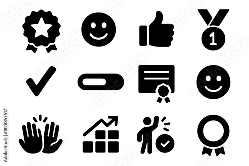 Reward System Icons. Reward system. Solid icon set of Reward system: star badge, happy face, thumbs up, gold medal, checkmark, progress bar, certificate, smile