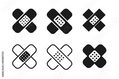 Plaster Patch Logos. Plaster patch. Icon set. Set Logo of Plaster patch: single adhesive bandage with dotted center pad. harmonious logo variations of the same