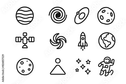 Space Icon Set. Space mass. Line icon set of space mass: planet, black hole, orbit path, asteroid, satellite, galaxy swirl, rocket, Earth, moon, mass