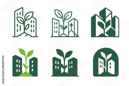 Urban Reforestation Icons. Urban reforestation. Icon set. Set Logo of urban reforestation: sapling emerging between skyscrapers. harmonious logo variations of