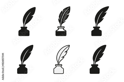 Vintage Magazine Logos. Vintage magazine. Icon set. Set Logo of vintage magazine: old-fashioned quill. harmonious logo variations of the same emblematic