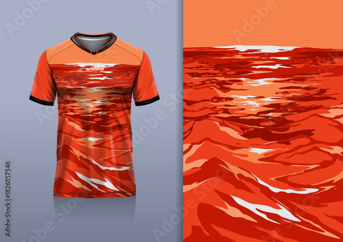 T-shirt mockup abstract texture grunge water sport jersey design for football, soccer, racing, esports, running, white orange red color