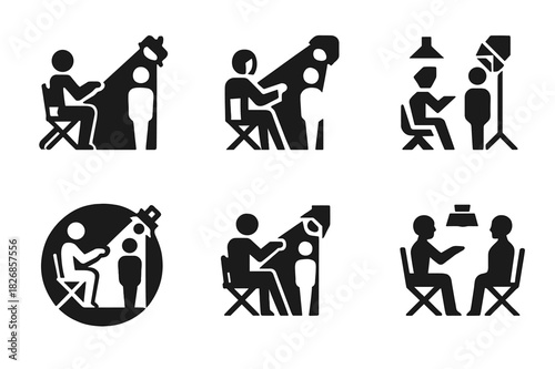 Director Actor Feedback Logos. A director giving feedback to an actor on their performance. Icon set. Set Logo of a director giving feedback to an actor on