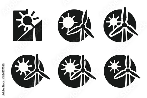 Renewable Energy Logos. Renewable energy integration. Icon set. Set Logo of renewable energy integration: hybrid energy system. harmonious logo variations of