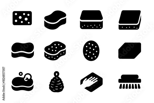 Sponge Icon Set. Sponge types. Solid icon set of Sponge types: cellulose sponge, synthetic sponge, scrub pad, scouring pad, foam sponge, dish sponge,