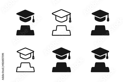 Graduation Cap Logos. Graduation cap toss. Icon set. Set Logo of graduation cap toss: cap landing on podium. harmonious logo variations of the same emblematic