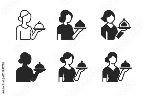 Hostess Logo Variations. Hostess. Icon set. Set Logo of Hostess: welcoming woman with tray. harmonious logo variations of the same emblematic concept, each