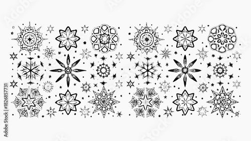 Collection of hand drawn snowflakes and stars in black and white