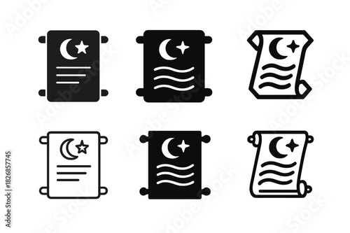 Storytelling Logo Variations. Cultural storytelling nights. Icon set. Set Logo of storytelling nights: scroll with narrative lines. harmonious logo variations