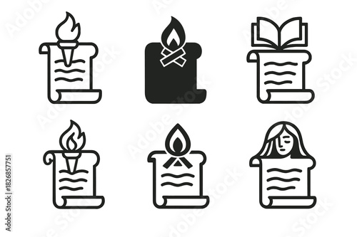 Storytelling Logo Variations. Cultural storytelling nights. Icon set. Set Logo of storytelling nights: scroll with narrative lines. harmonious logo variations