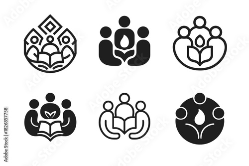 Storytelling Nights Logos. Cultural storytelling nights. Icon set. Set Logo of storytelling nights: storytelling circle. harmonious logo variations of the same