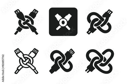 Network Cable Logos. Network cables. Icon set. Set Logo of network cables: tangled cable knot. harmonious logo variations of the same emblematic concept, each