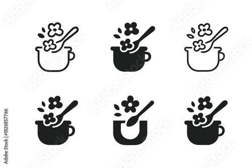 Edible Flower Logos. Cooking with edible flowers. Icon set. Set Logo of cooking with edible flowers: garnish with small petals. harmonious logo variations of