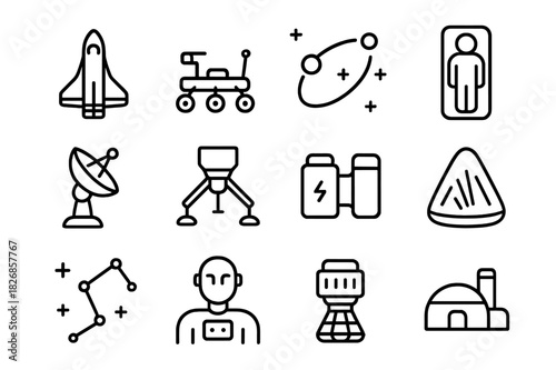 Interplanetary Travel Icons. Interplanetary travel. Line icon set of Interplanetary travel: space shuttle, Mars rover, trajectory map, cryosleep pod,