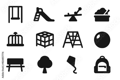 Playground Icon Collection. Playground Fun. Solid icon set of swing, slide, seesaw, sandbox, merry-go-round, jungle gym, climbing frame, ball, bench, tree,