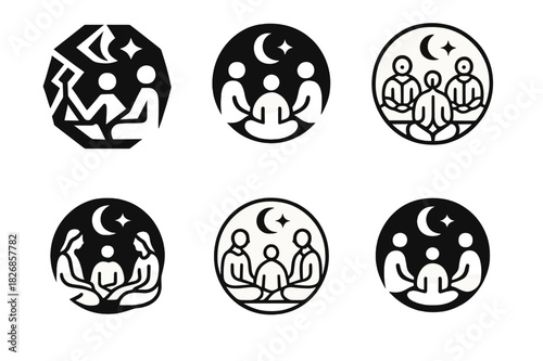 Storytelling Nights Logos. Cultural storytelling nights. Icon set. Set Logo of storytelling nights: storytelling circle. harmonious logo variations of the same
