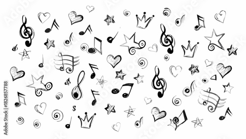Hand drawn musical notes stars hearts and crowns doodle pattern