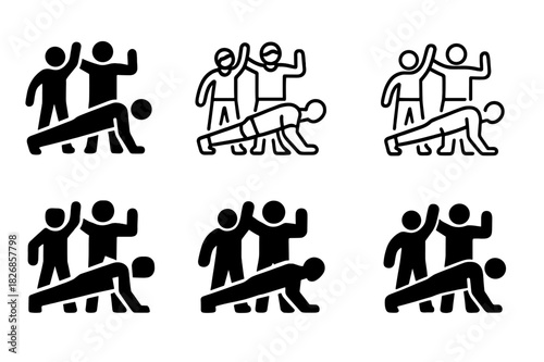 Fitness Challenge Logos. A group of friends doing a fitness challenge together, encouraging each other. Icon set. Set Logo of a fitness challenge: friends