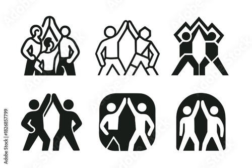 Fitness Challenge Logos. A group of friends doing a fitness challenge together, encouraging each other. Icon set. Set Logo of a fitness challenge: people