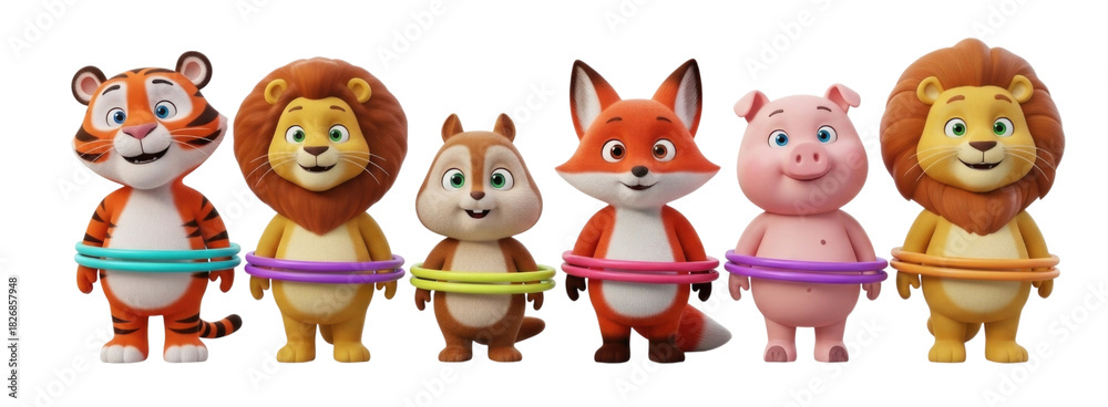 Obraz premium Cute cartoon animals with rings transparent background cutout png