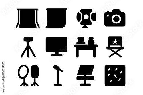 Studio Setup Icons. Studio setup. Solid icon set of studio setup: green screen, backdrop, lighting, camera, tripod, monitor, props table, director chair,