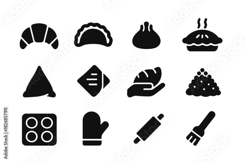 Stuffed Pastry Icons. Stuffed pastries. Solid icon set of Stuffed pastries: croissant, empanada, dumpling, pie, samosa, puff pastry, hand holding pastry,