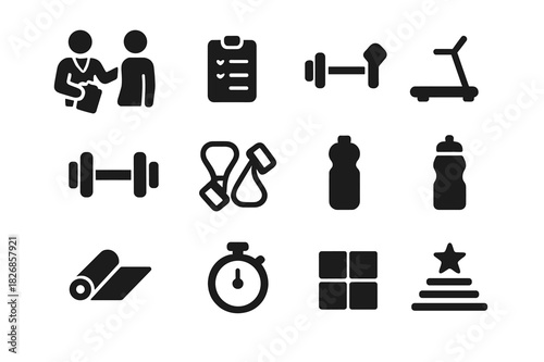Gym Training Icons. Personal trainer and client. Solid icon set of A personal trainer and client discussing a workout routine in a gym: trainer figure, client