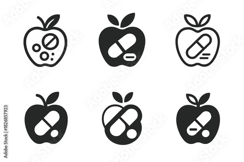 Healthy Food Logos. Healthy food and nutrition. Icon set. Set Logo of healthy food and nutrition: vitamins and supplements. harmonious logo variations of the