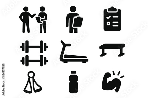 Gym Training Icons. Personal trainer and client. Solid icon set of A personal trainer and client discussing a workout routine in a gym: trainer figure, client