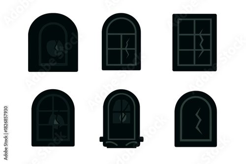 Eerie Horror Icons. A scene from a horror movie with eerie, dim lighting. Icon set. Set Logo of a horror movie scene with eerie, dim lighting: cracked window