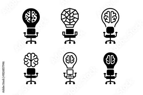 Neurodiversity Office Logos. Neurodiversity-friendly workspaces. Icon set. Set Logo of neurodiversity-friendly workspaces: lightbulb with neural pattern and