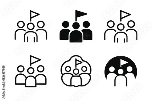 Supportive Goal Icons. Supporting friends? personal goals. Icon set. Set Logo of supporting friends? personal goals: people standing around a goal flag.