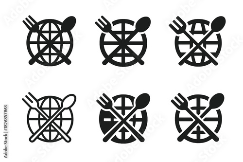 International Street Food Logos. International street food and snacks. Icon set. Set Logo of International street food and snacks: globe with fork and spoon