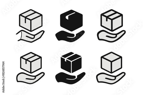 Subscription Box Logos. Subscription boxes. Icon set. Set Logo of subscription boxes: hand receiving a box. harmonious logo variations of the same emblematic