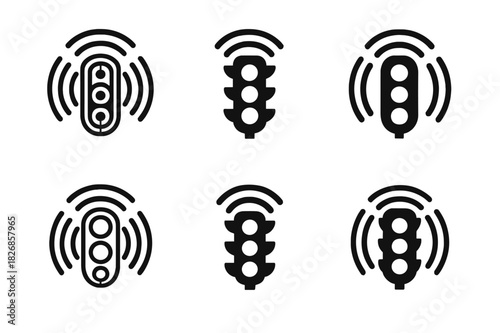 Smart Traffic Light Icons. Smart traffic lights. Icon set. Set Logo of Smart traffic lights: round traffic light with radar sensors. harmonious logo variations