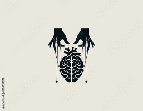 Black Vector Illustration of hands controlling the brain and heart as a puppet.
