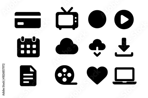 Subscription Services Icons. Subscription services. Solid icon set of subscription services: credit card, TV, smartphone, play button, calendar, gear, cloud,