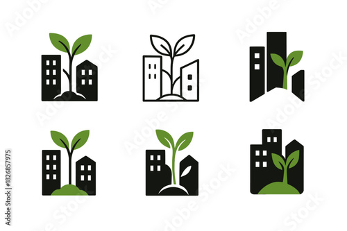 Urban Reforestation Icons. Urban reforestation. Icon set. Set Logo of urban reforestation: sapling emerging between skyscrapers. harmonious logo variations of