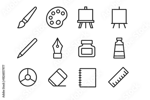 Minimalist Art Icons. Art. Line icon set of art: paintbrush, palette, easel, canvas, pencil, pen, ink bottle, paint tube, color wheel, eraser, sketchbook,