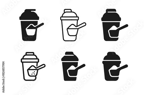 Stylish Protein Shaker Logos. Protein Shaker. Icon set. Set Logo of Protein Shaker: measuring scoop with powder. harmonious logo variations of the same