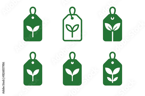 Eco Vibes Logos. Green label design with eco vibes trend. Icon set. Set Logo of green label design with eco vibes trend: tag with sprouting plant. harmonious