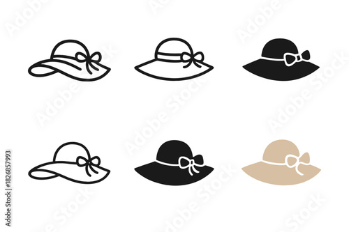 Stylish Summer Hats. Summer hats. Icon set. Set Logo of summer hats: elegant sun hat motif. harmonious logo variations of the same emblematic concept, each