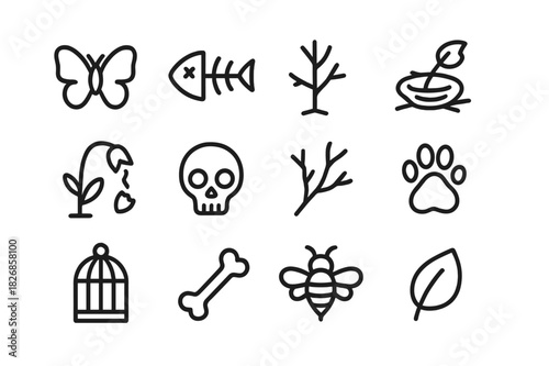 Biodiversity Loss Icons. Biodiversity loss. Line icon set of biodiversity loss: butterfly, fish bones, dead tree, empty nest, broken flower, skull, dry branch,