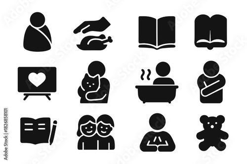 Acts of Comfort Icons. Acts of comfort. Solid icon set of Acts of comfort: wrapped blanket, soft touch, comfort food, favorite book, favorite show, pet cuddle,